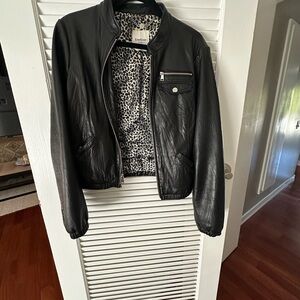 Bebe Black Leather Jacket with Animal Print Lining
